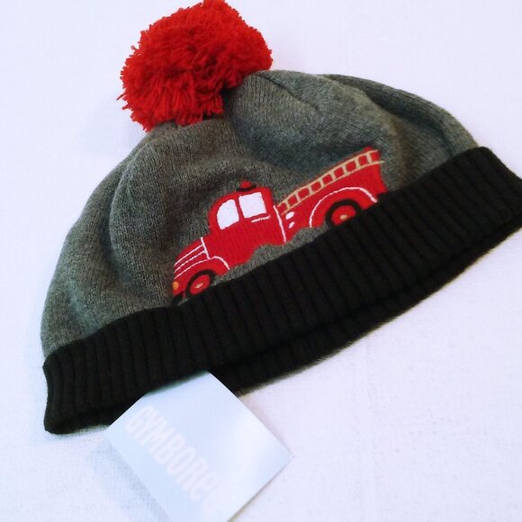 NWT 2016 Gymboree Knit Beanie Cap Unisex Boy 12-24mos Firetruck PomPom Cotton - Picture 2 of 13